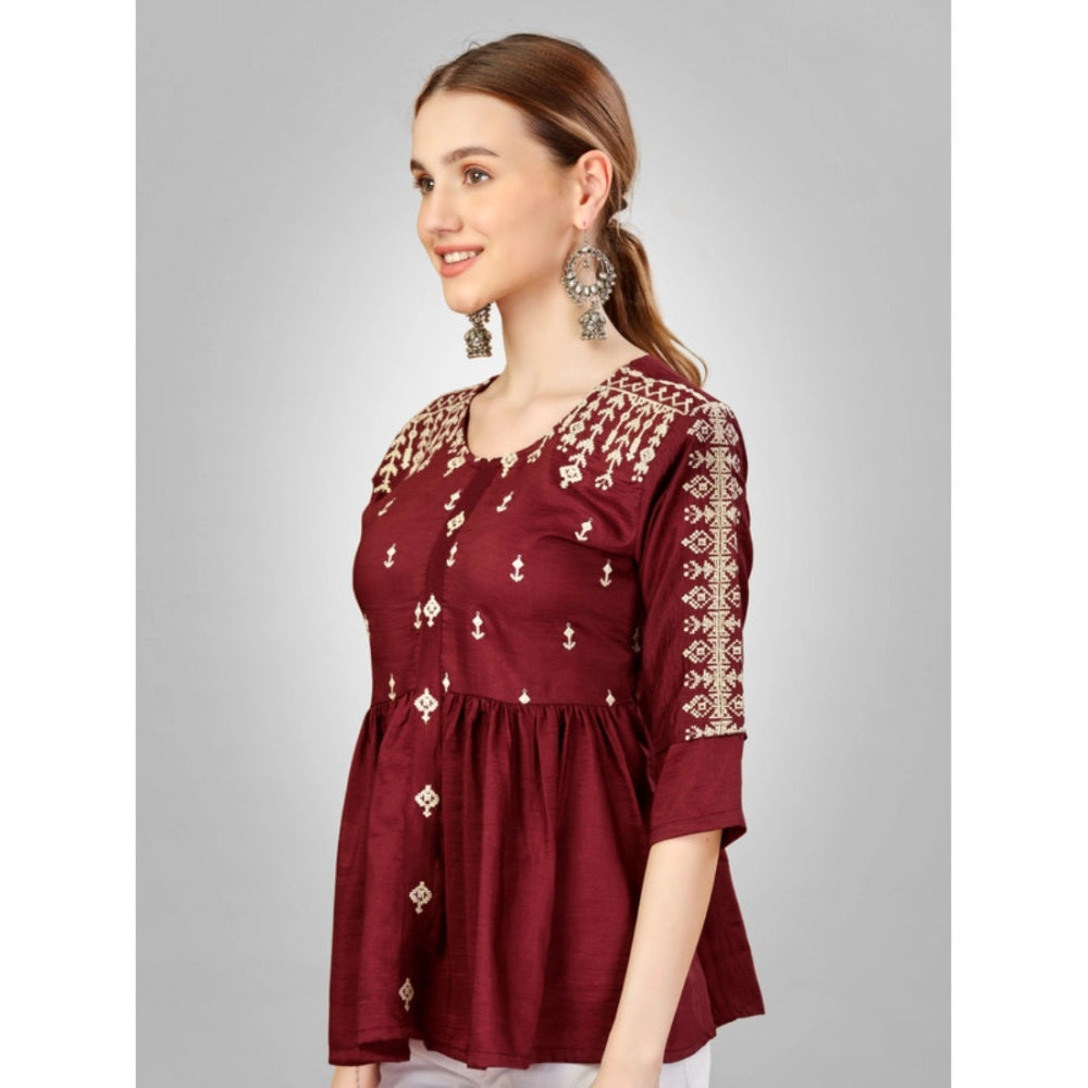 Amfyn Women's Casual 3-4 th Sleeve Embroidered Silk Tunic Top (Rust)
