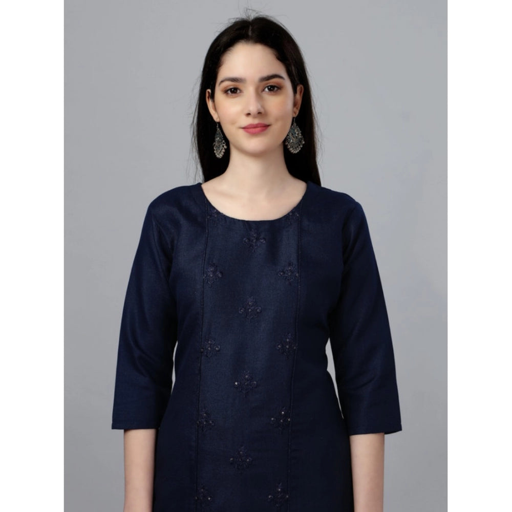Amfyn Women's Casual 3-4 th Sleeve Embroidery Cotton Kurti (Dark Blue)