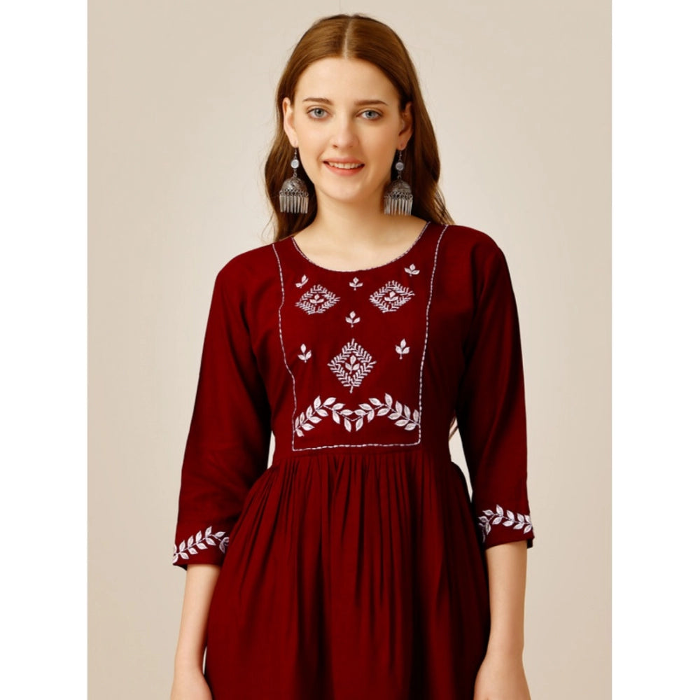 Amfyn Women's Casual 3-4 th Sleeve Embroidered Rayon Tunic Top (Maroon)