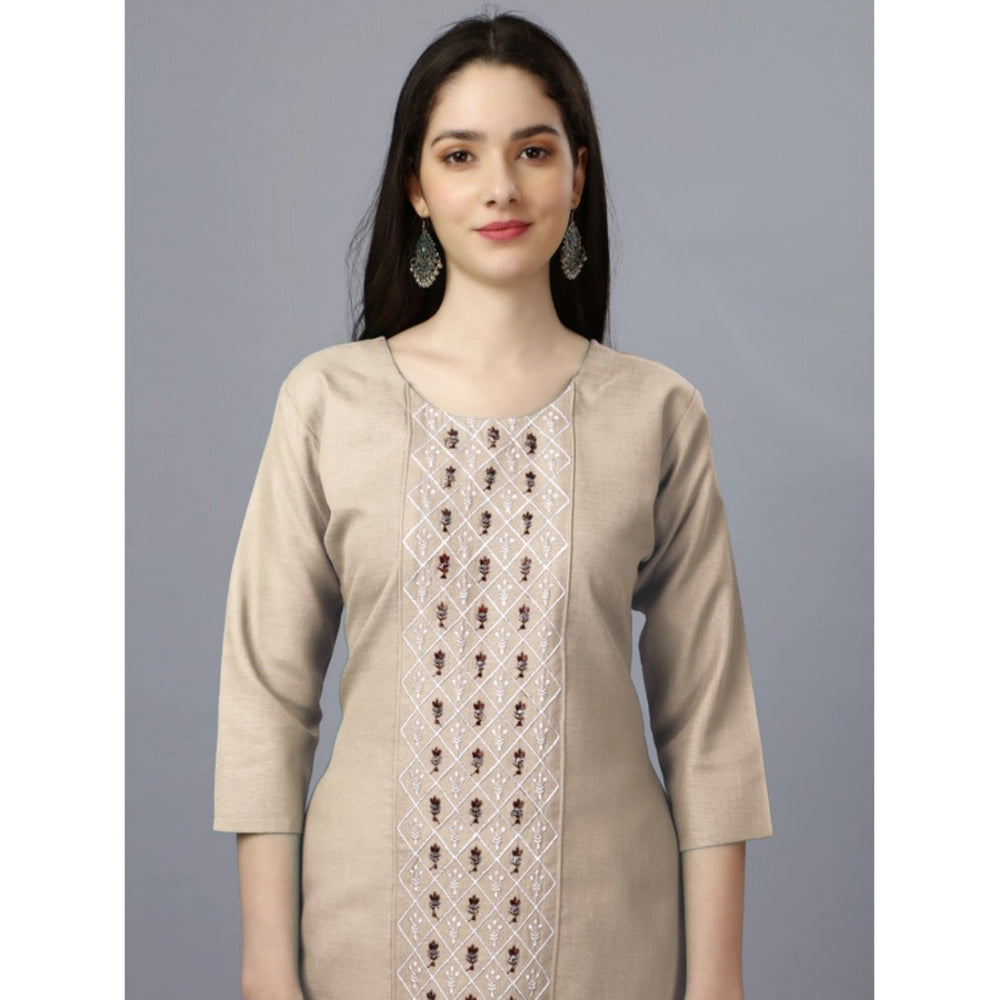 Amfyn Women's Casual 3-4 th Sleeve Embroidery Cotton Kurti (Beige)