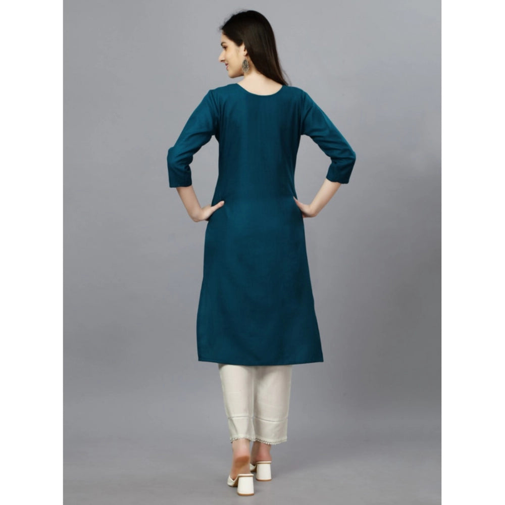 Amfyn Women's Casual 3-4 th Sleeve Embroidery Cotton Kurti (Blue )