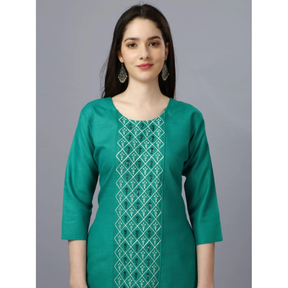 Amfyn Women's Casual 3-4 th Sleeve Embroidery Cotton Kurti (Light Green)