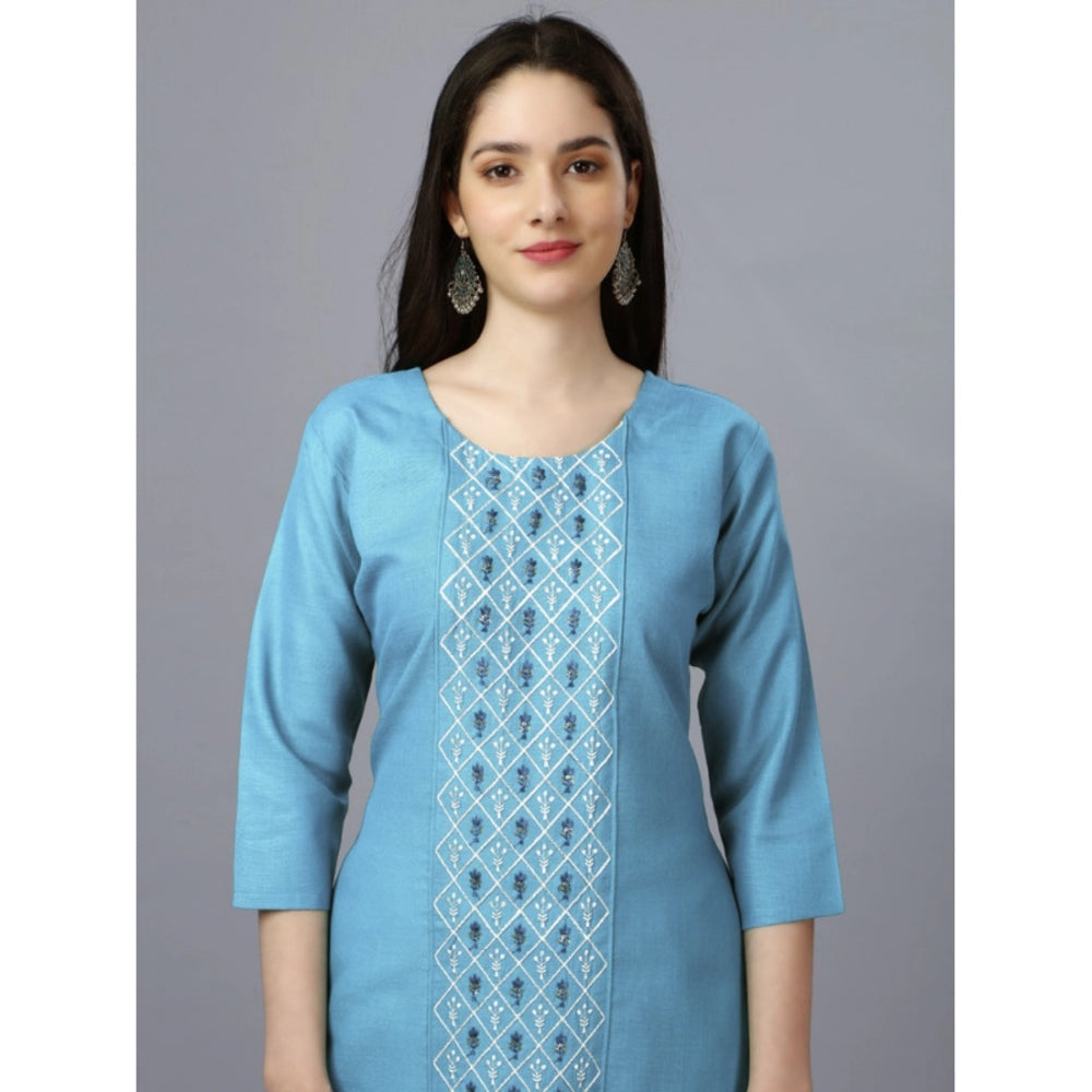 Amfyn Women's Casual 3-4 th Sleeve Embroidery Cotton Kurti (Light Blue)