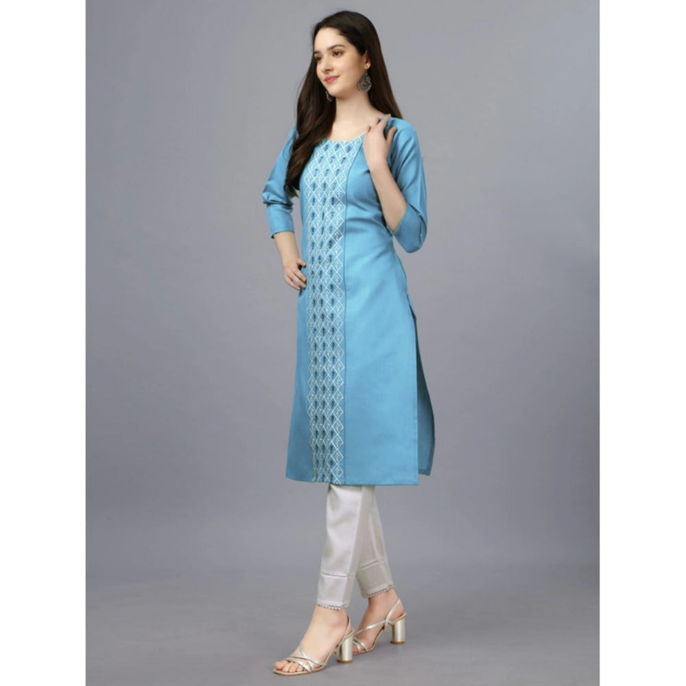 Amfyn Women's Casual 3-4 th Sleeve Embroidery Cotton Kurti (Light Blue)