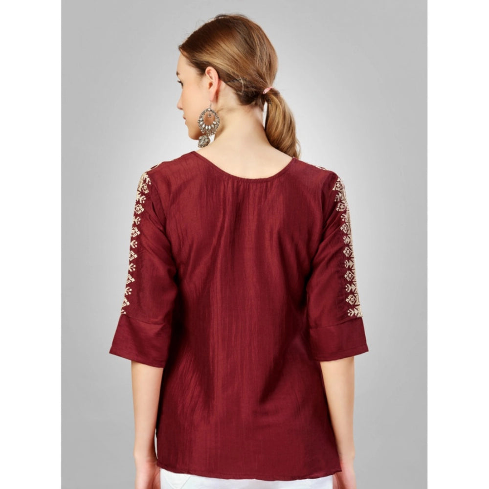 Amfyn Women's Casual 3-4 th Sleeve Embroidered Silk Tunic Top (Rust)