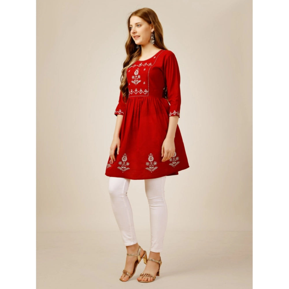 Amfyn Women's Casual 3-4 th Sleeve Embroidered Rayon Tunic Top (Red)