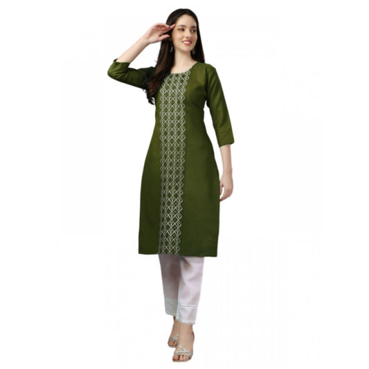 Amfyn Women's Casual 3-4 th Sleeve Embroidery Cotton Kurti (Dark Green)