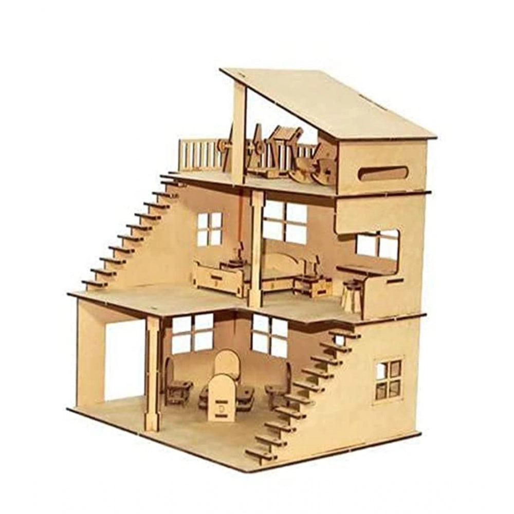 Amfyn Wooden Dollhouse For Furniture Made By (Wood Color)