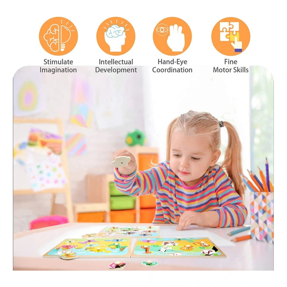 Amfyn Wooden Educational Learning Fruits Puzzle Board (Wood Color)