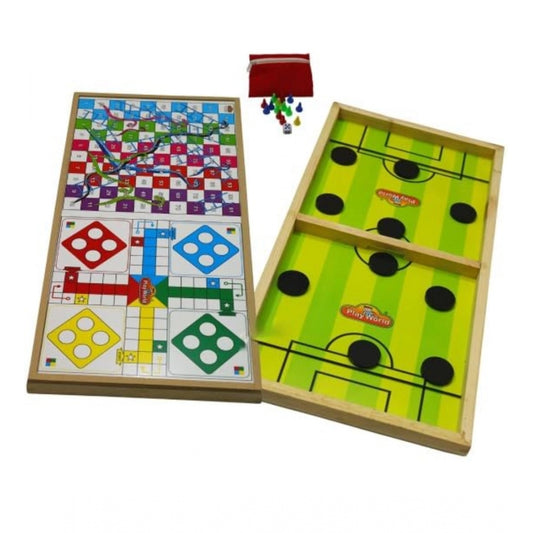 Amfyn Wood Carrom String Hockey Ludo Snake And Ladder 3 In 1 Board Game (Multicolor)
