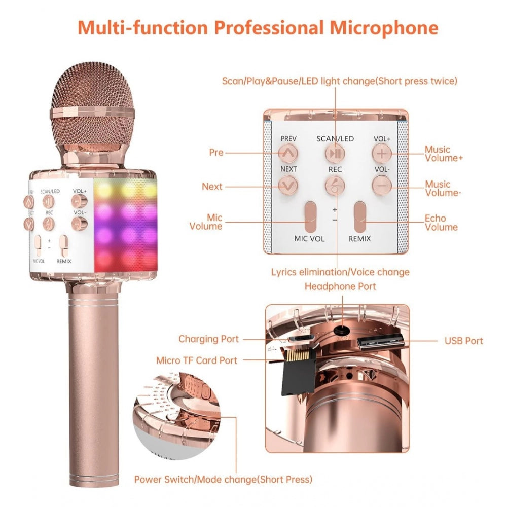 Amfyn Metal Wireless Bluetooth Microphone With Led Lights Portable Handheld Mic Speaker For Kids (Assorted)