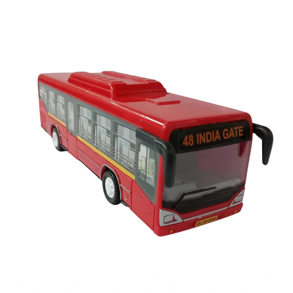 Amfyn Plastic 6 Wheels Pull Back Action Low Floor Bus (Red)