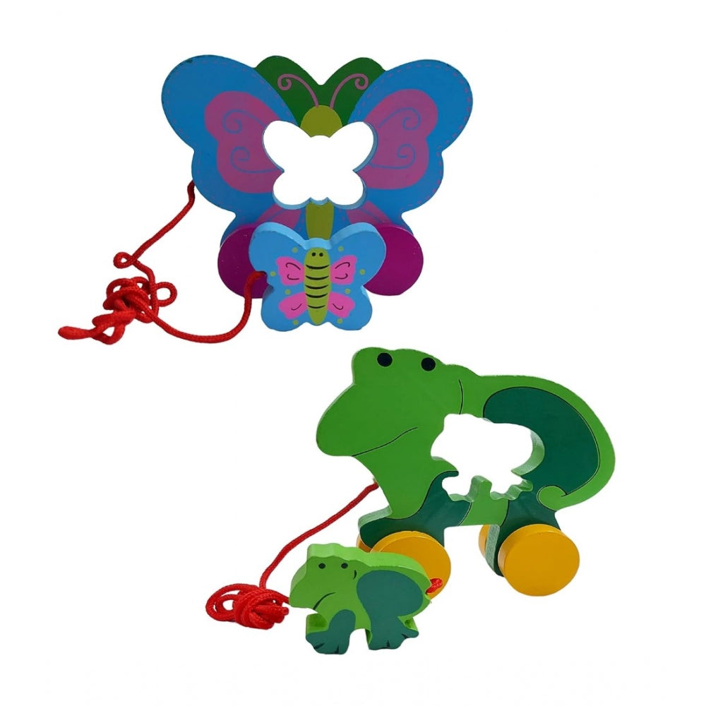 Amfyn Wooden Frog And Butterfly Pull Back Action Toy (Multicolor)