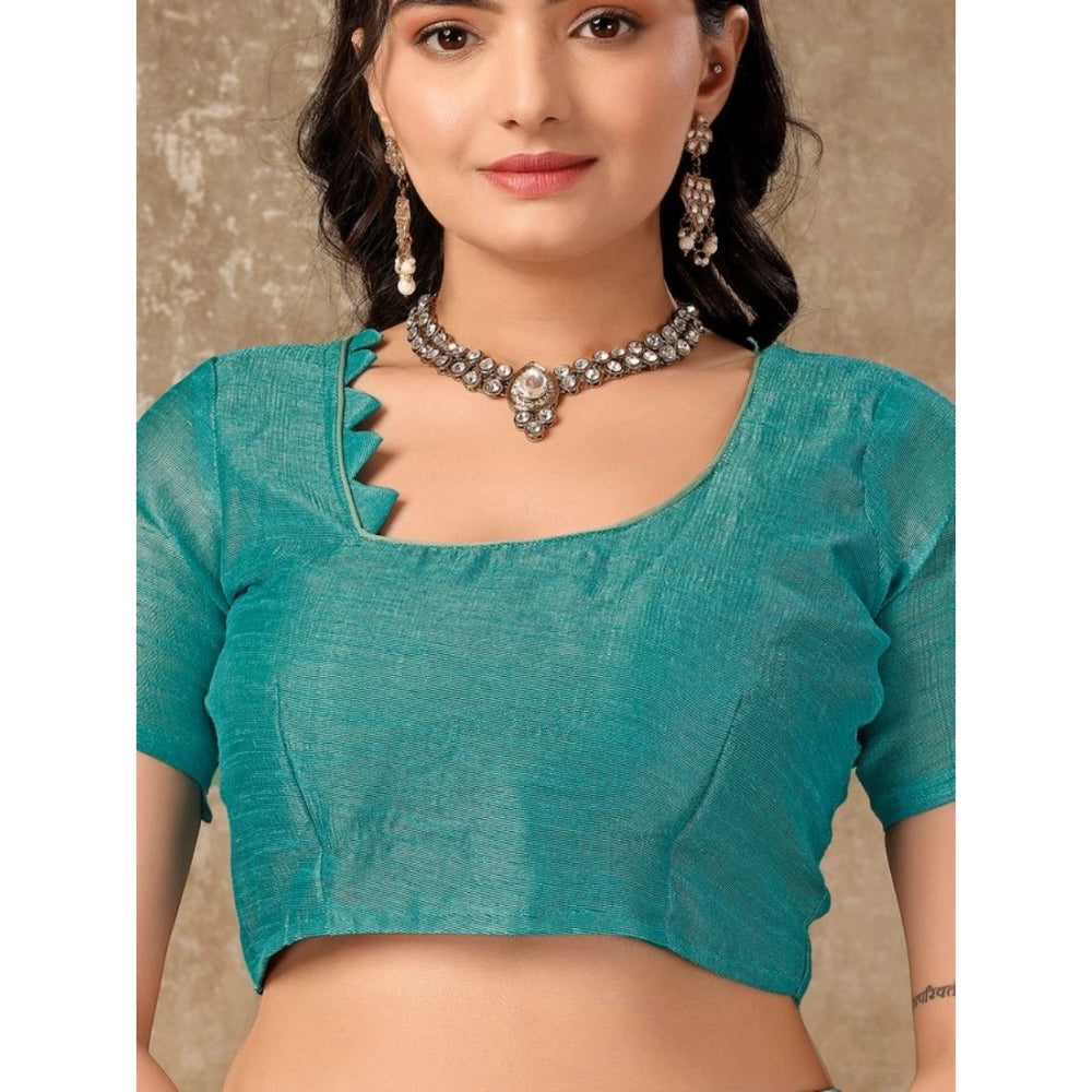 Amfyn Women's Linen Floral Printed Saree With Unstitched Blouse (Turquoise Green, 5-6 Mtrs)