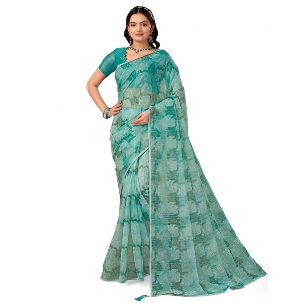 Amfyn Women's Linen Floral Printed Saree With Unstitched Blouse (Turquoise Green, 5-6 Mtrs)