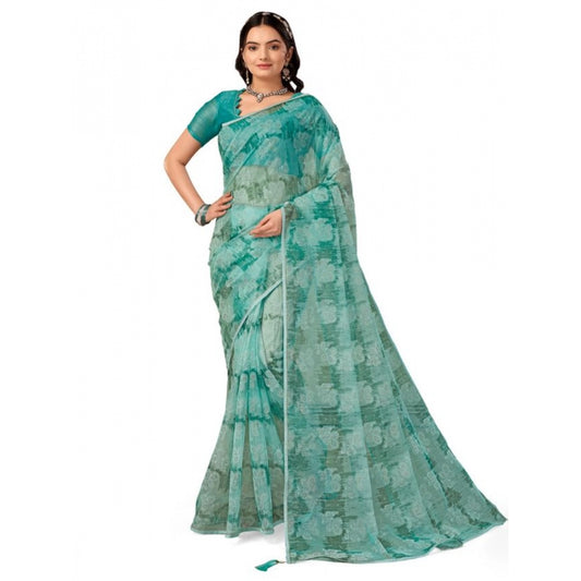 Amfyn Women's Linen Floral Printed Saree With Unstitched Blouse (Turquoise Green, 5-6 Mtrs)