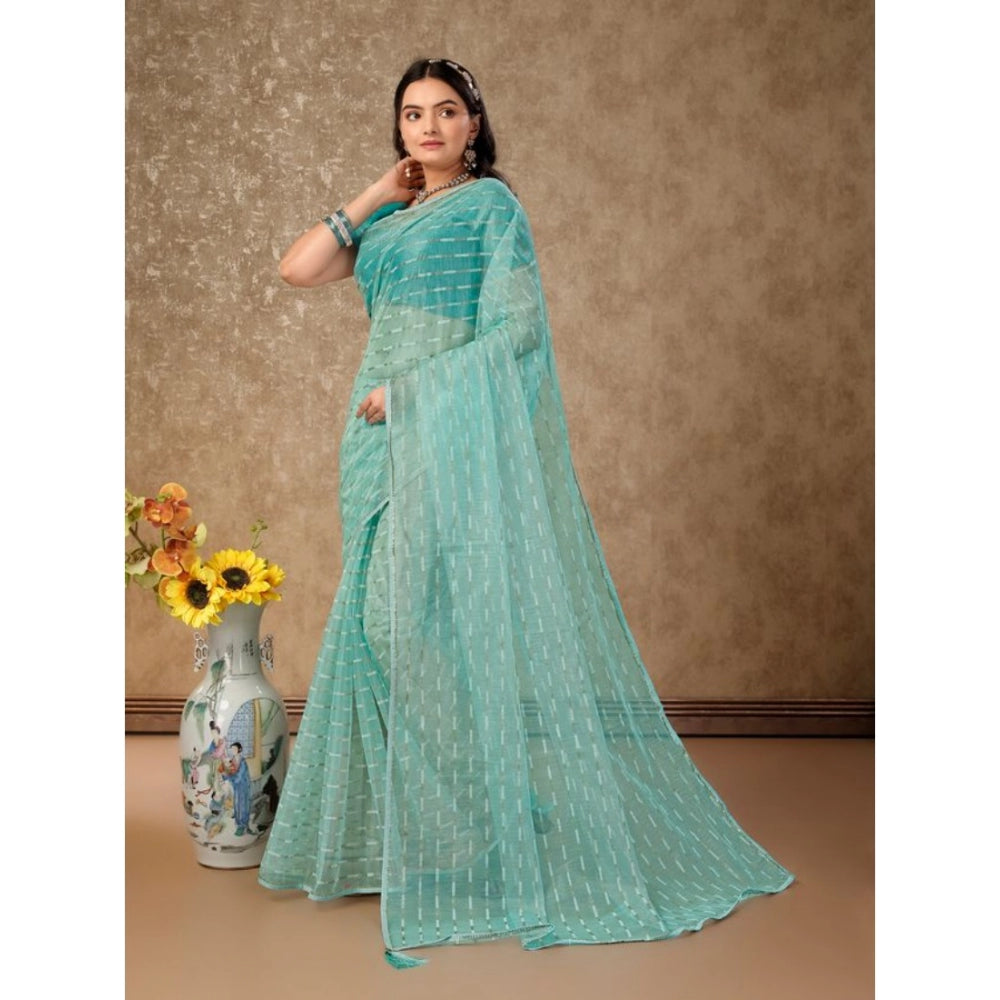 Amfyn Women's Linen Line Saree With Unstitched Blouse (Turquoise Green, 5-6 Mtrs)