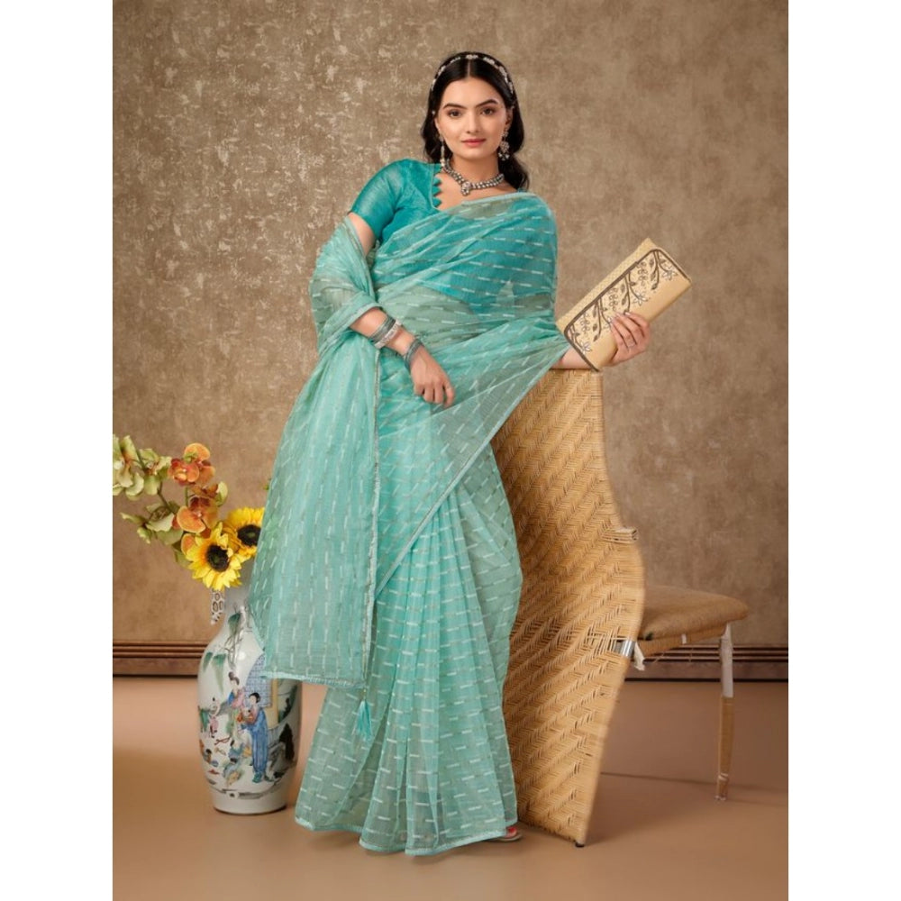 Amfyn Women's Linen Line Saree With Unstitched Blouse (Turquoise Green, 5-6 Mtrs)
