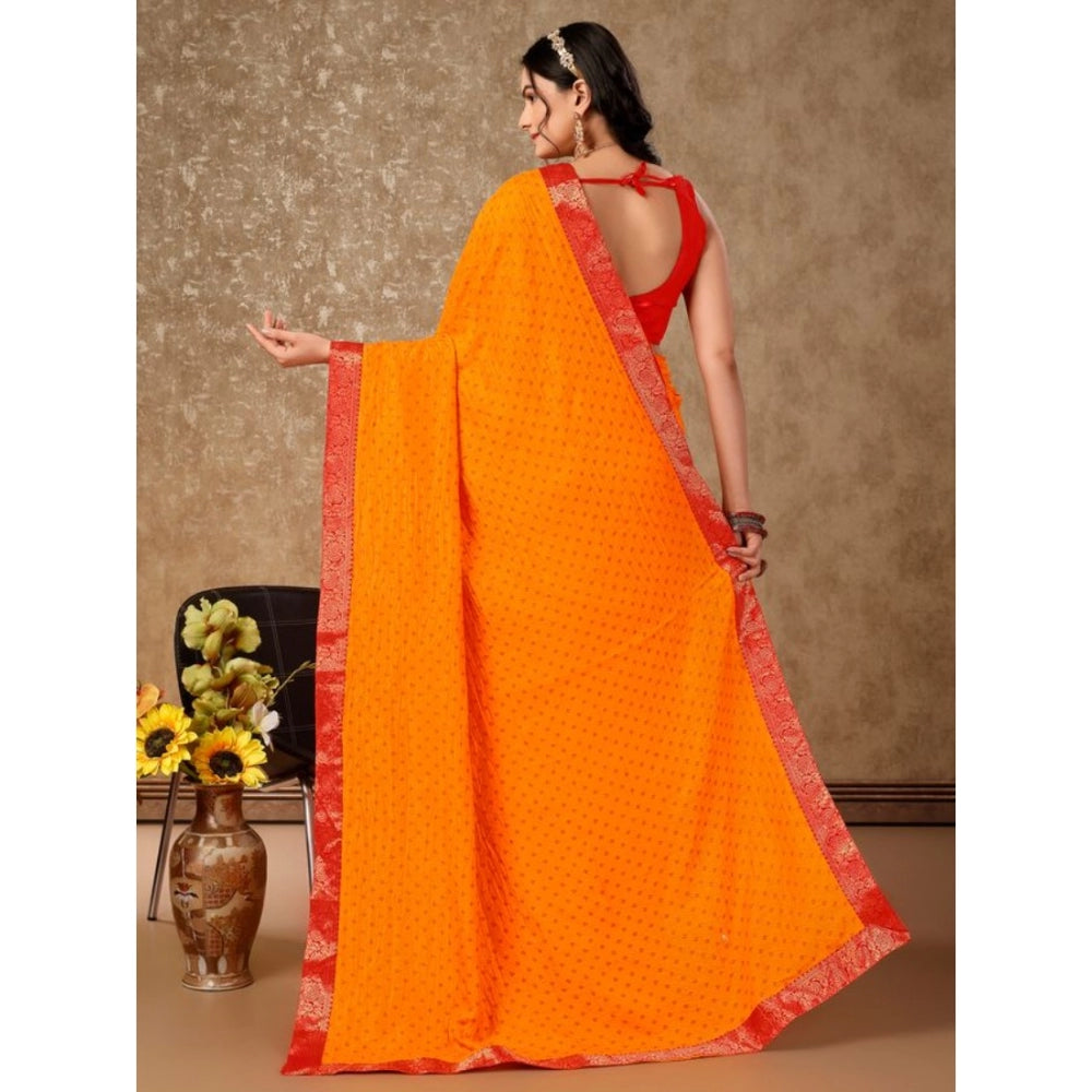 Amfyn Women's Vichitra Bandhani Saree With Unstitched Blouse (Yellow, 5-6 Mtrs)