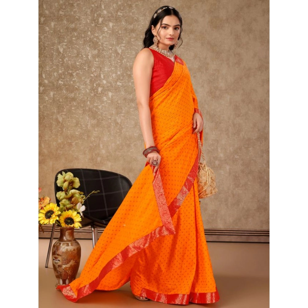 Amfyn Women's Vichitra Bandhani Saree With Unstitched Blouse (Yellow, 5-6 Mtrs)