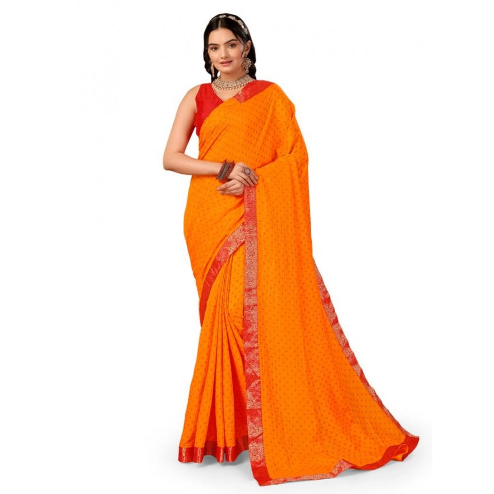 Amfyn Women's Vichitra Bandhani Saree With Unstitched Blouse (Yellow, 5-6 Mtrs)