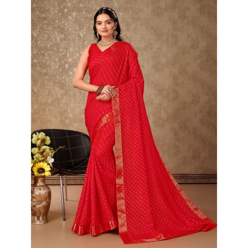 Amfyn Women's Vichitra Bandhani Saree With Unstitched Blouse (Red, 5-6 Mtrs)