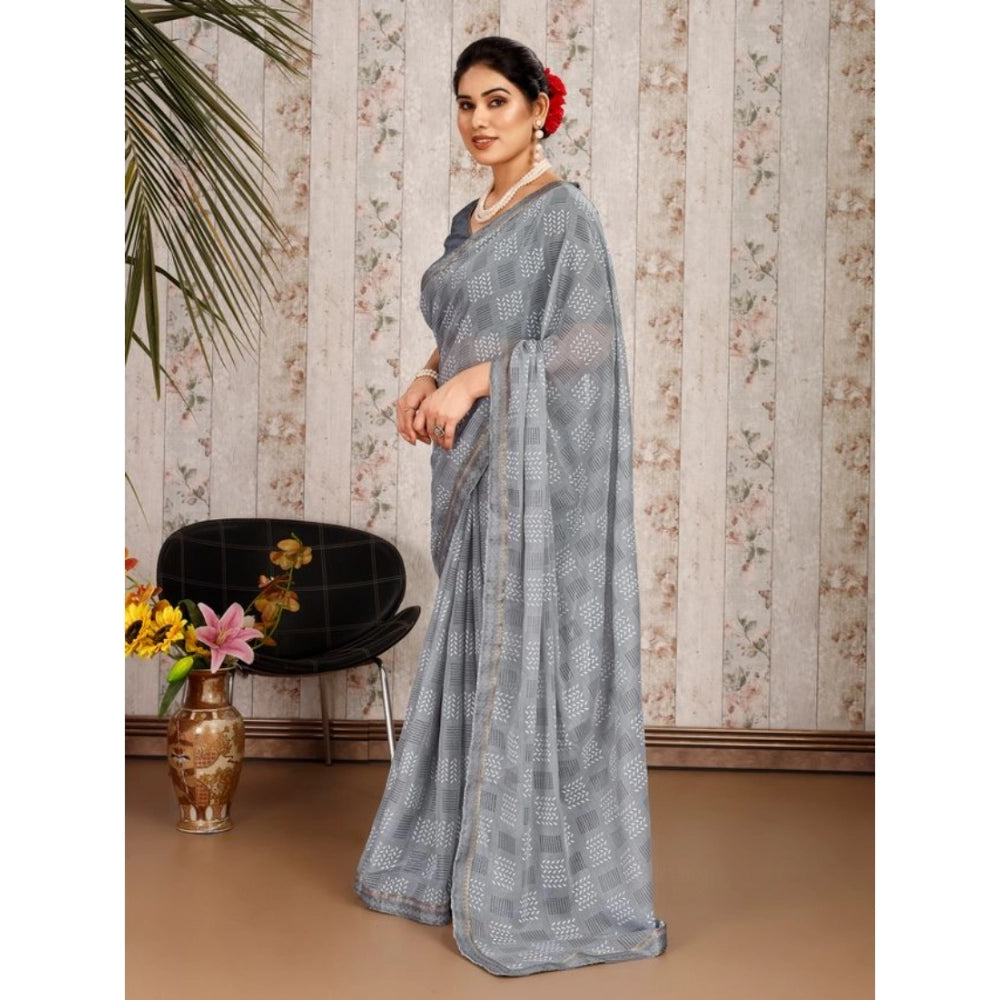 Fashion Women's Zomto Cheked Saree With Unstitched Blouse (Grey, 5-6 Mtrs)