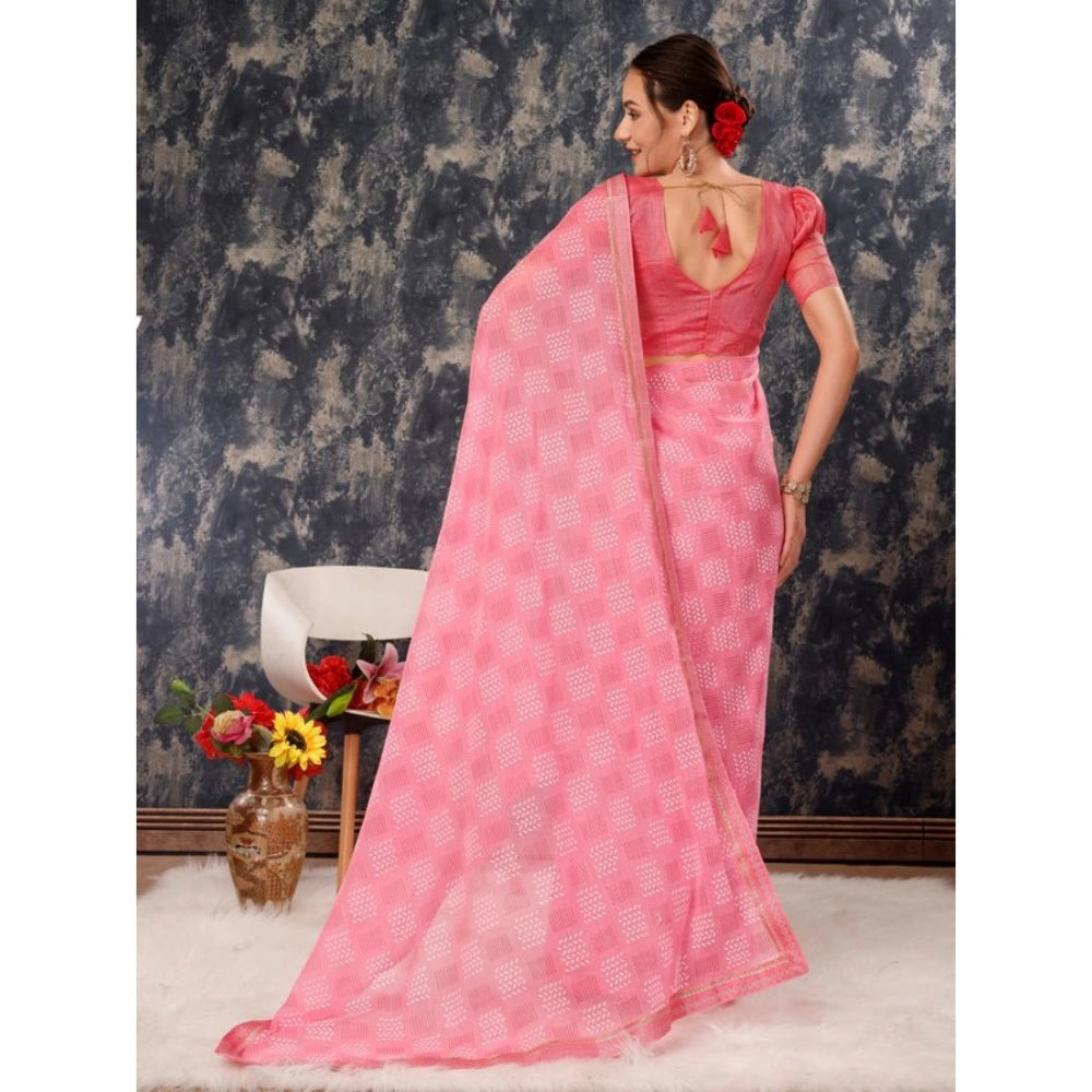 Fashion Women's Zomto Cheked Saree With Unstitched Blouse (Pink, 5-6 Mtrs)