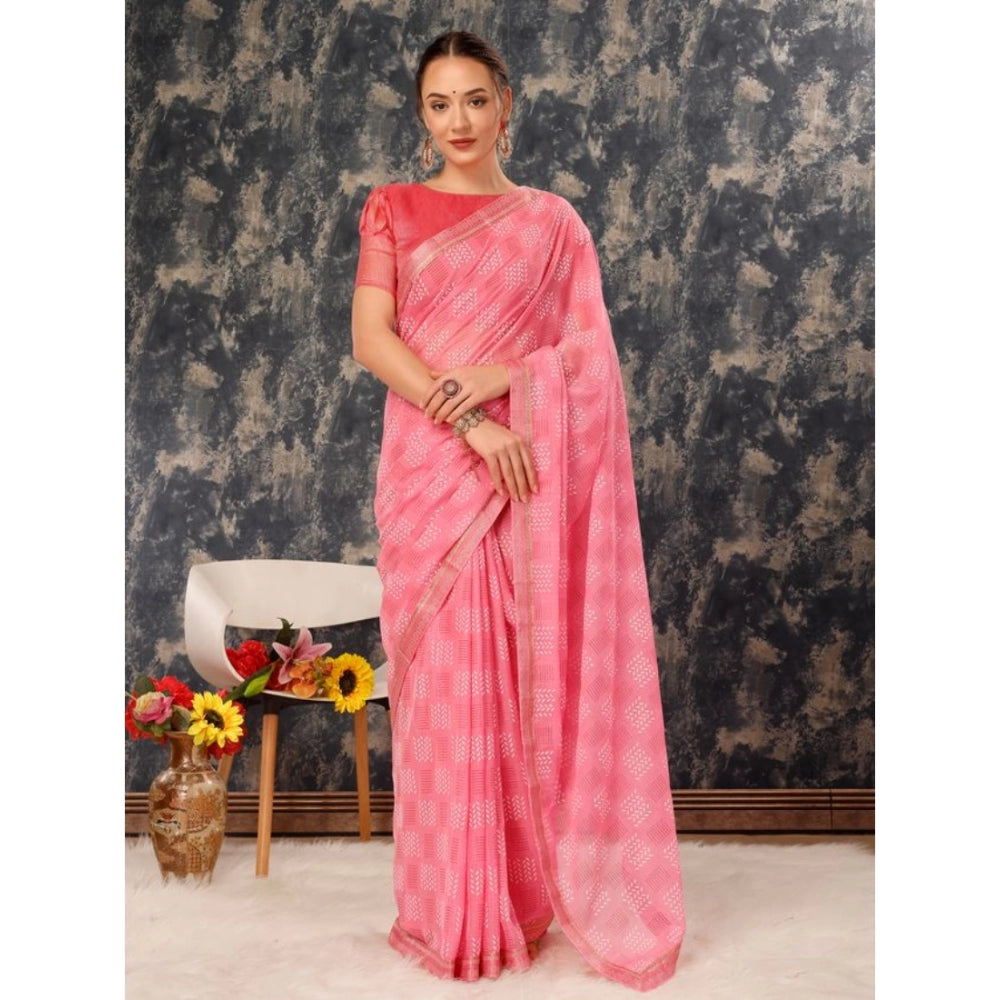 Fashion Women's Zomto Cheked Saree With Unstitched Blouse (Pink, 5-6 Mtrs)