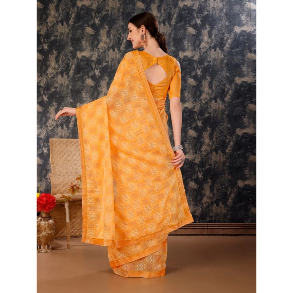 Fashion Women's Zomto Cheked Saree With Unstitched Blouse (Yellow, 5-6 Mtrs)