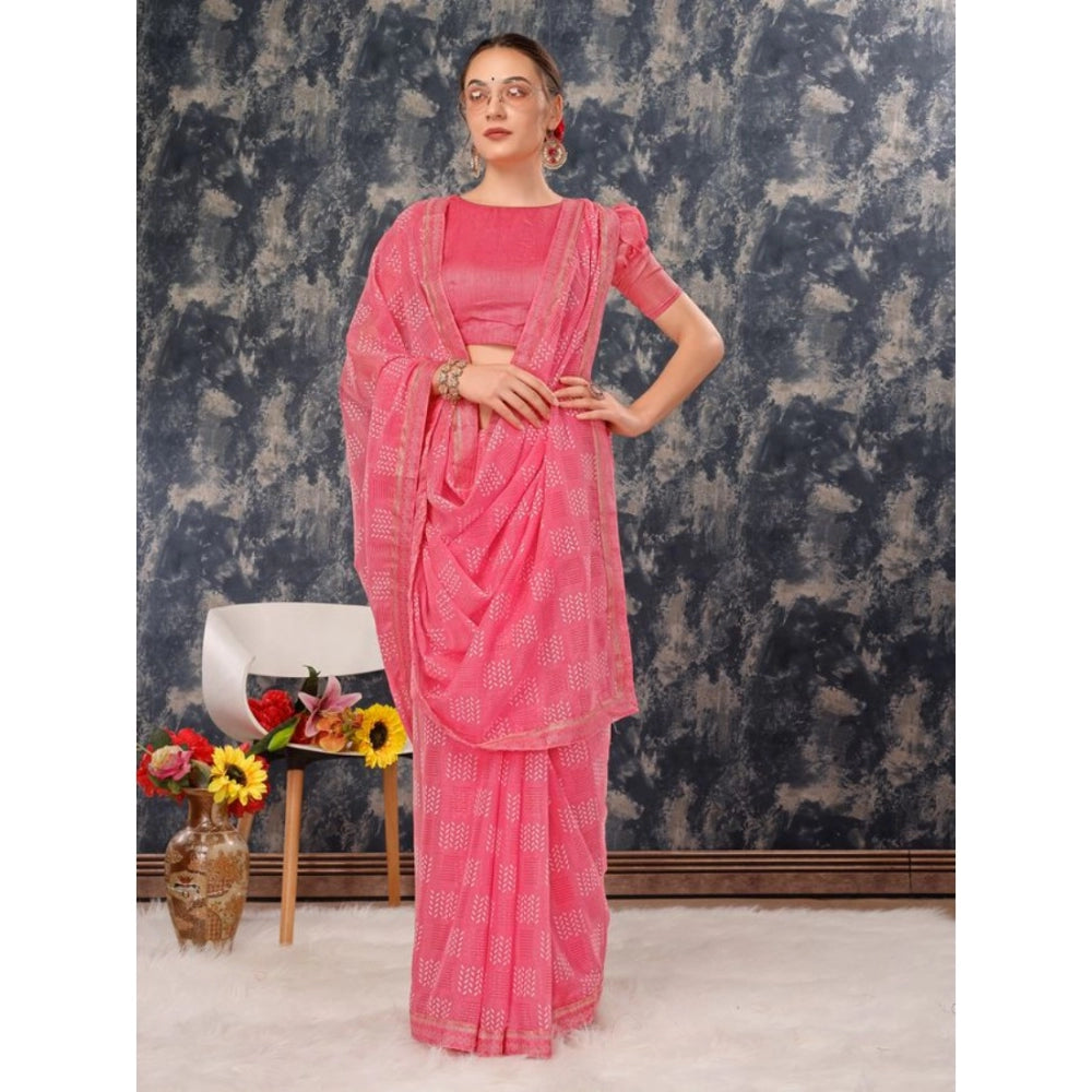Fashion Women's Zomto Cheked Saree With Unstitched Blouse (Pink, 5-6 Mtrs)