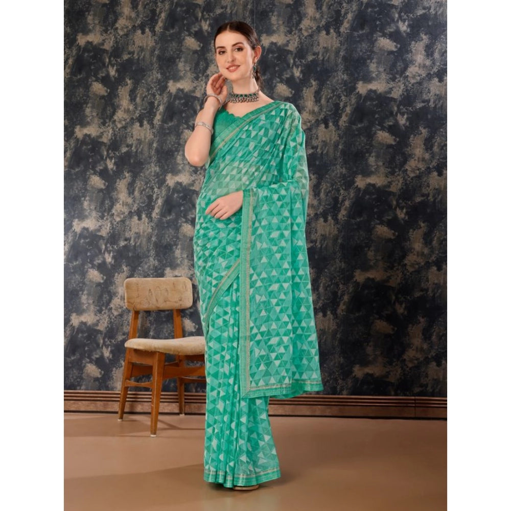 Amfyn Women's Zomto Printed Saree With Unstitched Blouse (Turquoise Green, 5-6 Mtrs)
