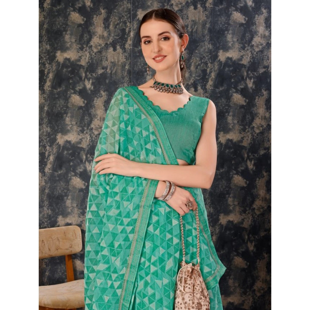 Amfyn Women's Zomto Printed Saree With Unstitched Blouse (Turquoise Green, 5-6 Mtrs)