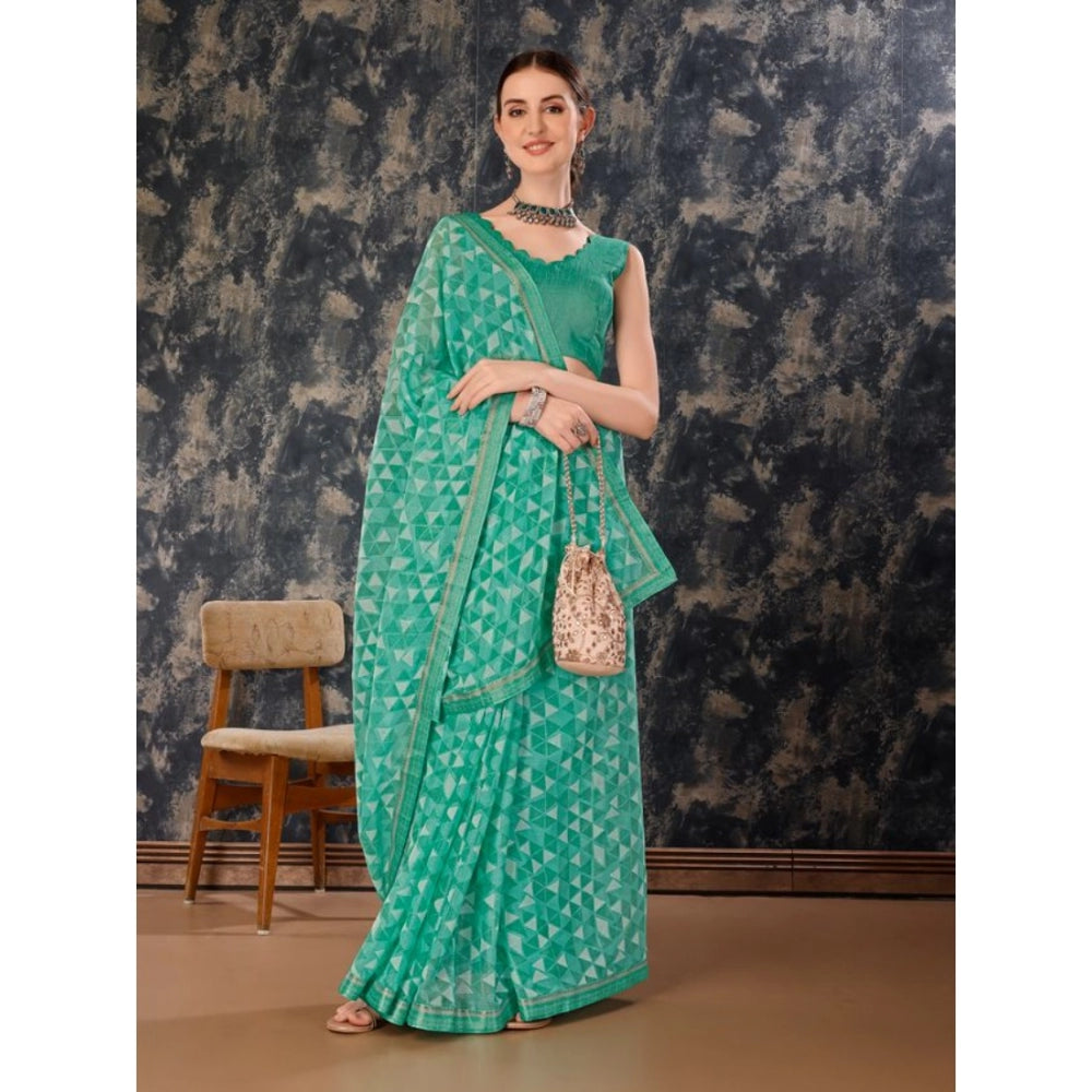 Amfyn Women's Zomto Printed Saree With Unstitched Blouse (Turquoise Green, 5-6 Mtrs)