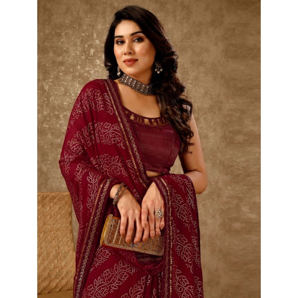 Amfyn Women's Zomto Bandhani Saree With Unstitched Blouse (Maroon, 5-6 Mtrs)