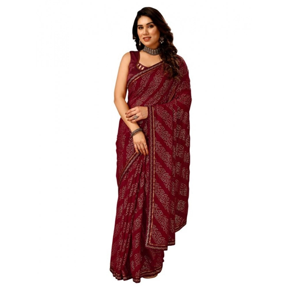 Amfyn Women's Zomto Bandhani Saree With Unstitched Blouse (Maroon, 5-6 Mtrs)