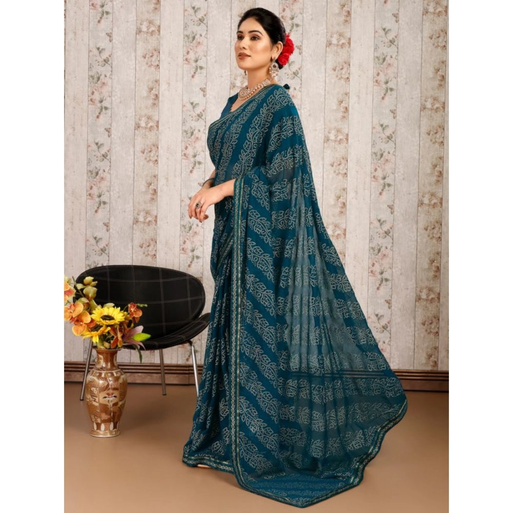Amfyn Women's Zomto Bandhani Saree With Unstitched Blouse (Blue, 5-6 Mtrs)