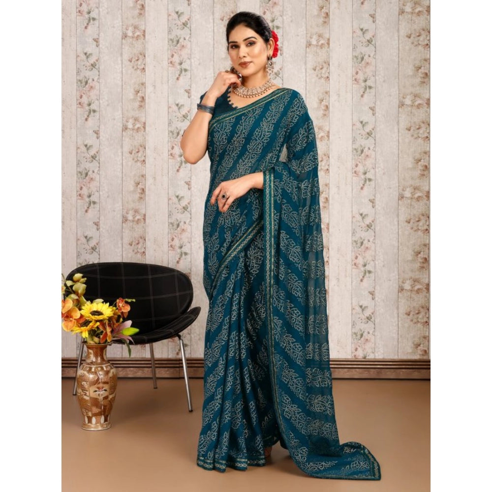 Amfyn Women's Zomto Bandhani Saree With Unstitched Blouse (Blue, 5-6 Mtrs)