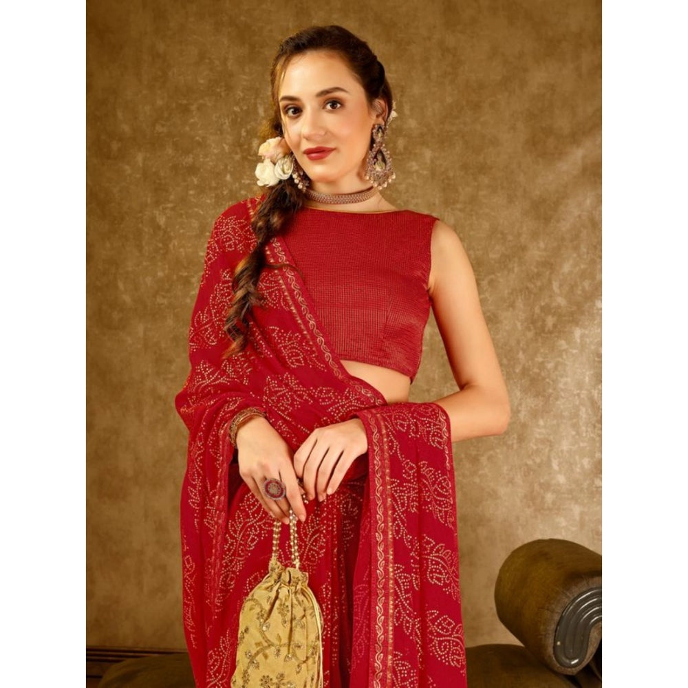 Amfyn Women's Zomto Bandhani Saree With Unstitched Blouse (Red, 5-6 Mtrs)