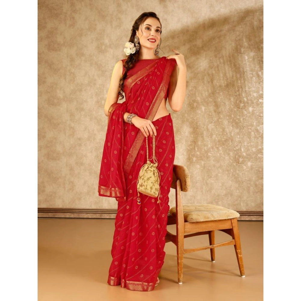 Amfyn Women's Zomto Bandhani Saree With Unstitched Blouse (Red, 5-6 Mtrs)