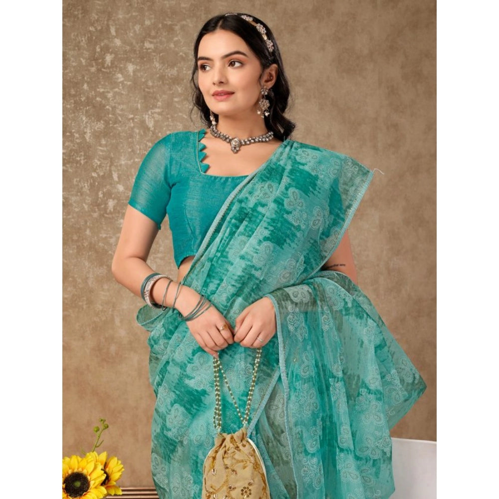 Amfyn Women's Linen Floral Printed Saree With Unstitched Blouse (Turquoise Green, 5-6 Mtrs)