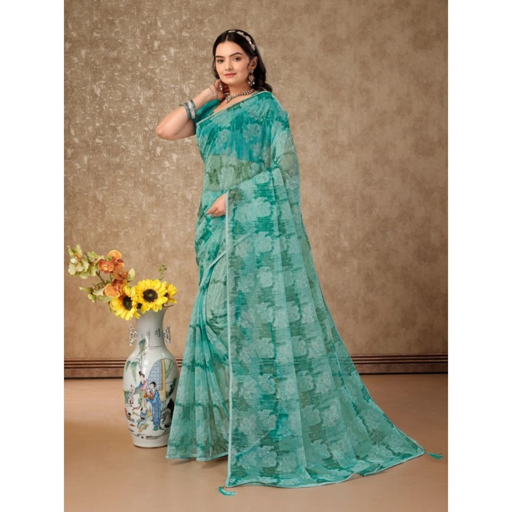Amfyn Women's Linen Floral Printed Saree With Unstitched Blouse (Turquoise Green, 5-6 Mtrs)