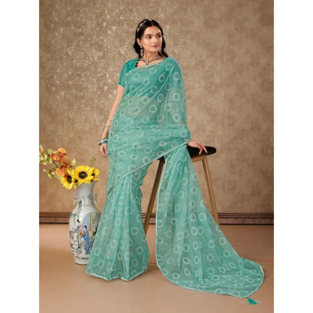 Amfyn Women's Linen Gola Printed Saree With Unstitched Blouse (Turquoise Green, 5-6 Mtrs)
