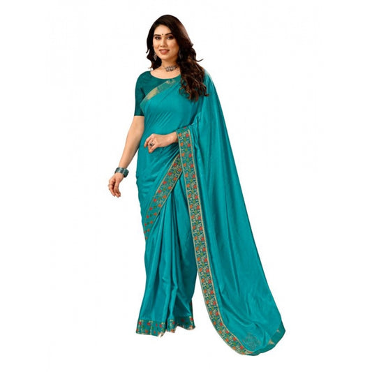 Amfyn Women's Vichitra Swiroshki Butta Saree With Unstitched Blouse (Turquoise Blue, 5-6 Mtrs)