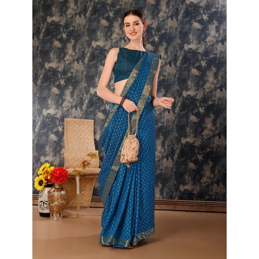 Amfyn Women's Vichitra Bandhani Saree With Unstitched Blouse (Blue, 5-6 Mtrs)