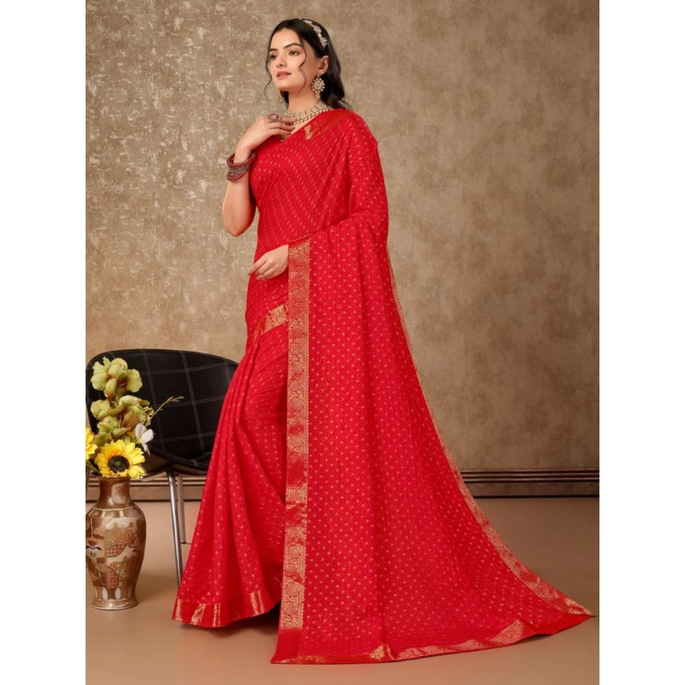 Amfyn Women's Vichitra Bandhani Saree With Unstitched Blouse (Red, 5-6 Mtrs)