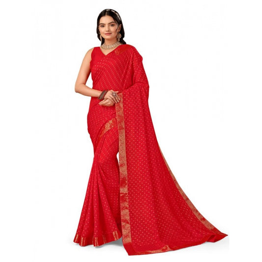 Amfyn Women's Vichitra Bandhani Saree With Unstitched Blouse (Red, 5-6 Mtrs)