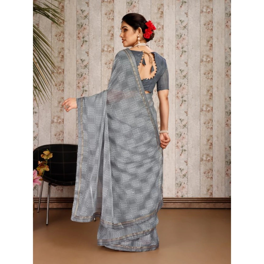 Fashion Women's Zomto Cheked Saree With Unstitched Blouse (Grey, 5-6 Mtrs)