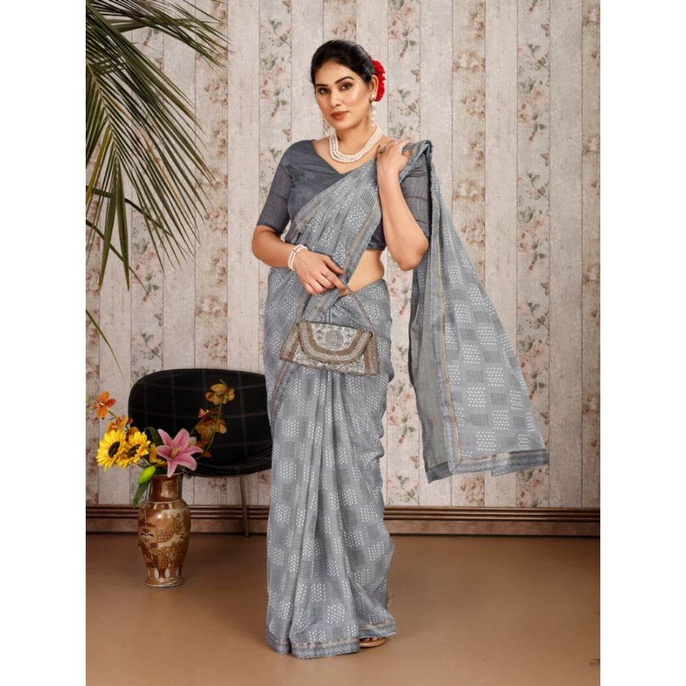Fashion Women's Zomto Cheked Saree With Unstitched Blouse (Grey, 5-6 Mtrs)