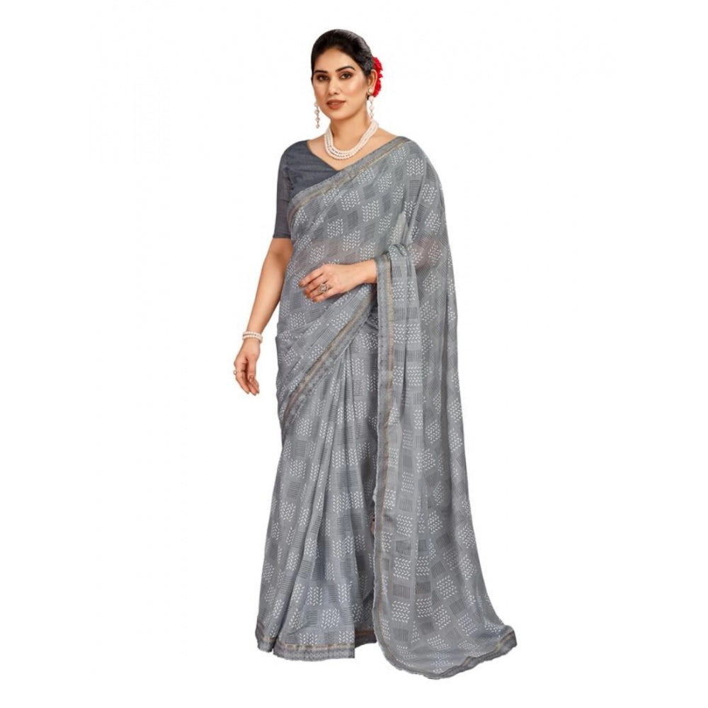 Fashion Women's Zomto Cheked Saree With Unstitched Blouse (Grey, 5-6 Mtrs)